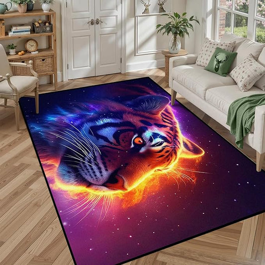 5' X 7' Galaxy Tiger Rug 3D Fierce Tigers Area Rugs for Bedroom Living Room Playroom Gameroom Boys Kids Fire Glitter Carpet Throw Rugs Floor Mat