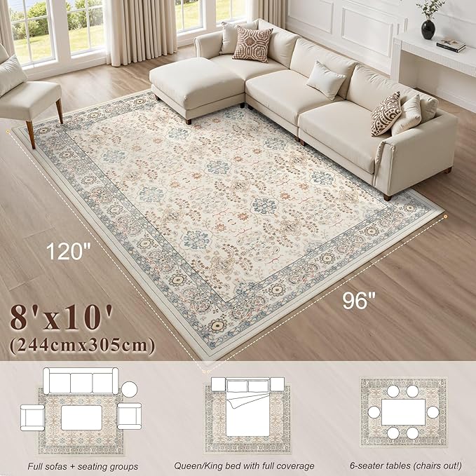 Vintage Living Room Area Rug 8x10 - Large Soft Washable Oriental Traditional Distressed Farmhouse Rugs for Bedroom - Indoor Floor Accent Carpet for Home Office House Decor - Multi