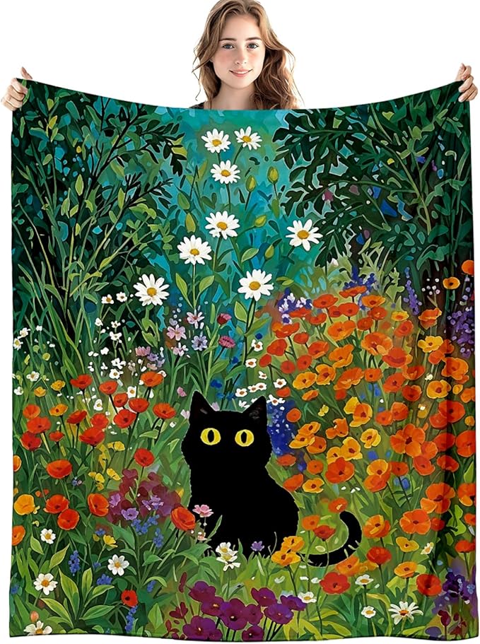 Black Cat Floral Blanket, Cottagecore Colorful Wildflower Cats Throw Blankets for Home Bedroom Living Room Couch Bed Decor, Black Cat Mom Lovers Gifts for Women, 50x60 Inch