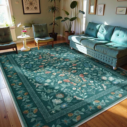 Lahome Floral Washable Rugs 9x12, Non-Slip Untra-Thin Soft Living Room Area Rugs, Vintage Botanical Print Low-Pile Carpet for Bedroom Dining Room Office, Dark Green