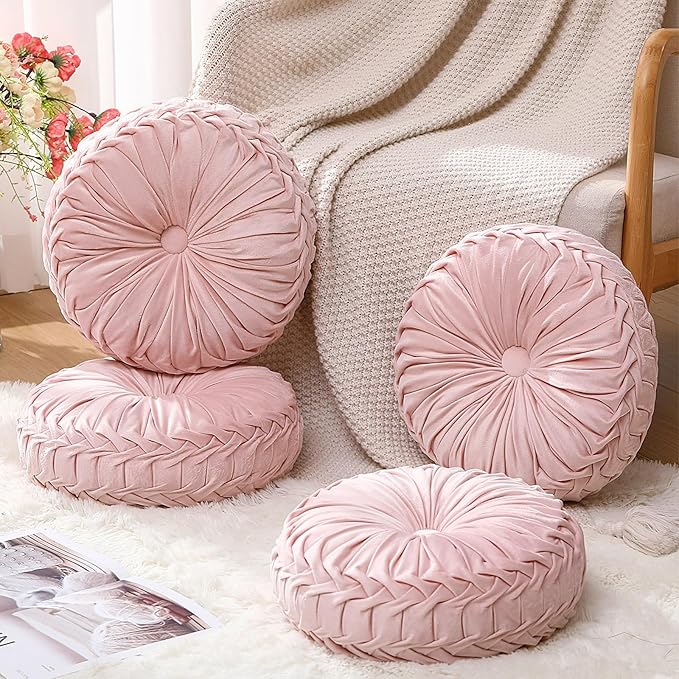 4 Pcs Round Throw Pillows 15 Inch Decorative Velvet Pleated Pumpkin Floor Boho Pillows for Living Room Couch Chair Bed Sofa (Light Pink)