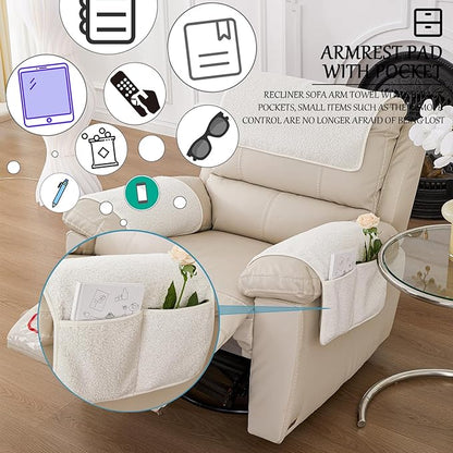 Armrest Cover, Recliner Chair Protector, Furniture Protector Slip, Side Storage Pocket, Stretch Armchair Couch Arm Rest Cover for Recliner, Chair, Sofa (Beige,3 Seater(5pcs))
