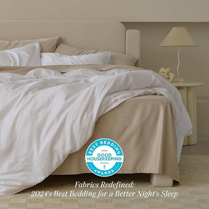 Double Stitch Cotton Tencel Duvet Cover - Queen Size Comforter Cover, Luxury & Soft Eucalyptus Lyocell Bedding Set for Hot Sleepers, Cooling & Breathable, Button Closure, Bright White, 90"x90"