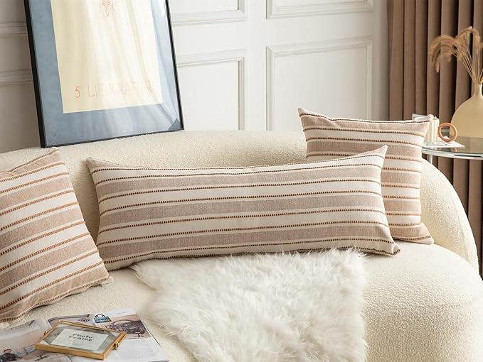 Decorative Boho Lumbar Pillow Covers, Modern Farmhouse Couch Pillowcase, 14 x 36 Long Accent Body Throw Pillow Covers, Sofa Bed Living Room Decor Cushion Case, Brown and Beige, Pack of 1