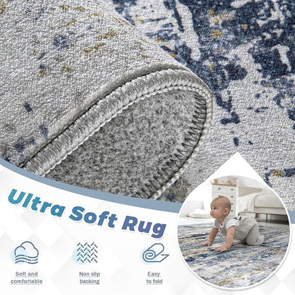 Area Rugs 9x12 for Living Room: Washable Rug Modern Abstract Neutral Soft Non-Slip Low-Pile Indoor Large Carpet for Bedroom Dining Room Playroom Home Office (Blue Grey Brown, 9'x12')