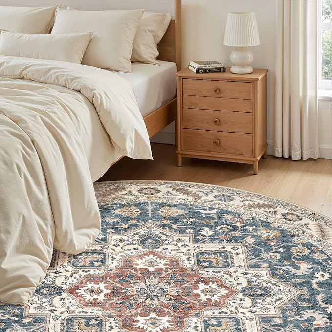 6ft Round Vintage Living Room Area Rug - 6x6 Large Soft Washable Oriental Traditional Distressed Farmhouse Rugs for Bedroom - Indoor Floor Accent Carpet for Home Office House Decor - Vintage Blue
