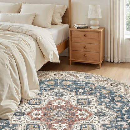 6ft Round Vintage Living Room Area Rug - 6x6 Large Soft Washable Oriental Traditional Distressed Farmhouse Rugs for Bedroom - Indoor Floor Accent Carpet for Home Office House Decor - Vintage Blue