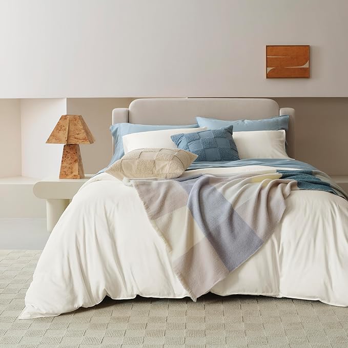 Double Stitch Cotton Tencel Duvet Cover - King Size Comforter Cover, Luxury & Soft Eucalyptus Lyocell Bedding Set for Hot Sleepers, Cooling, Smooth & Breathable, Button Closure, Cream, 106"x90"