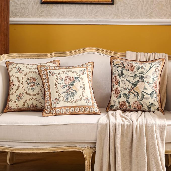 patdrea Designer Vintage Floral Throw Pillow Covers for Couch,Brown Yellow Linen Pillowcases with Bird and Rose Pattern, Decorative Square Cushion for Bed Living Room Outdoor Cafe Car,18"x18"