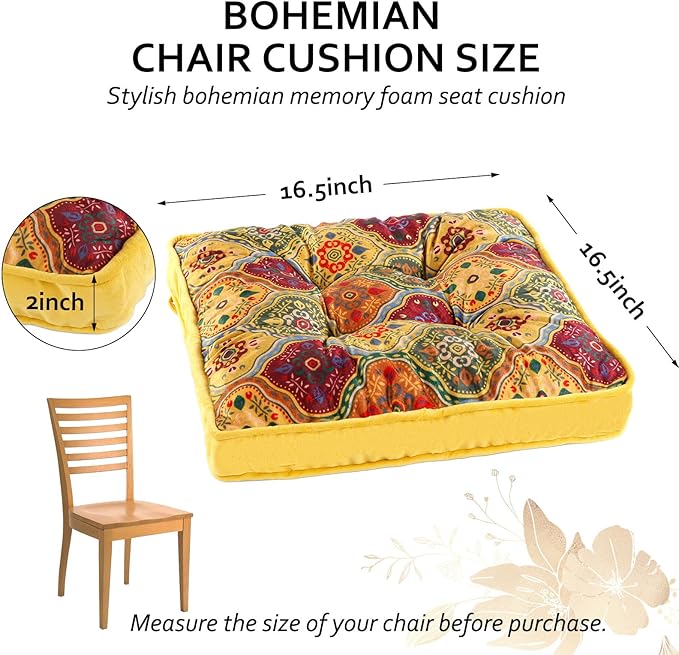 Bohemian Square Seat Cushions for Kitchen Dining Living Tea Room,16.5" x 16.5" Printing Chair Pads with Non-Slip Ties, 4Packs, Yellow
