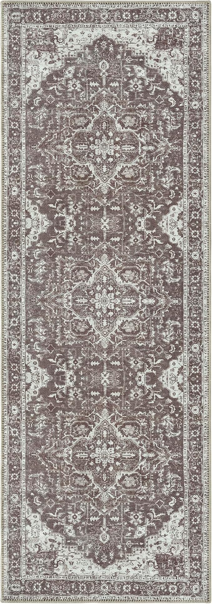 Bloom Rugs Washable Non-Slip 7 ft Runner - Dark Brown Traditional Medallion Runner for Entryway, Hallway, Bathroom, and Kitchen - Exact Size: 2.5' x 7'