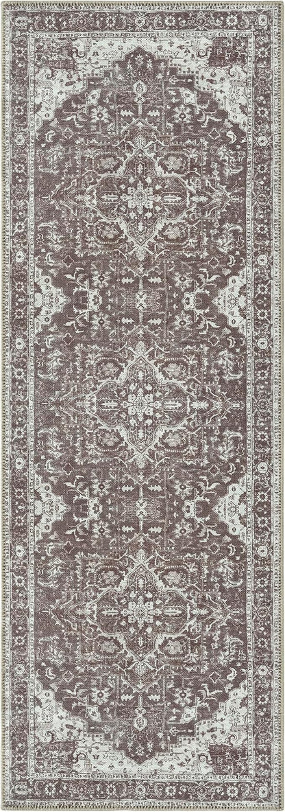 Bloom Rugs Washable Non-Slip 7 ft Runner - Dark Brown Traditional Medallion Runner for Entryway, Hallway, Bathroom, and Kitchen - Exact Size: 2.5' x 7'
