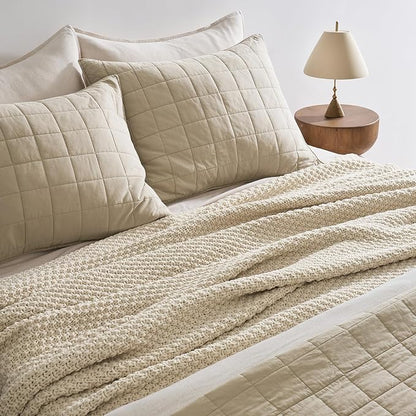 EVERGRACEHOME Chunky Chenille Knit Throw Blanket for Couch, Soft Luxurious Oversized Queen Moss Stitch Blanket for Bed, Large Cozy Farmhouse Knitted Throw for Sofa, Beige, 90" x 90"