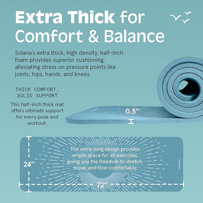 Retrospec Solana Yoga Mat Thick 1/2in Non-Slip Workout Mat with Nylon Strap - 72x24in Exercise Mat for Pilates, Stretching & Fitness - BPA Free, Easy Clean
