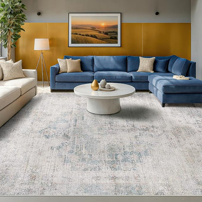 Washable 6x9 Bedroom Rug - Blue Grey Modern Rug for Living Room, Dining Room Table, Non Slip Soft Faded Print Mat