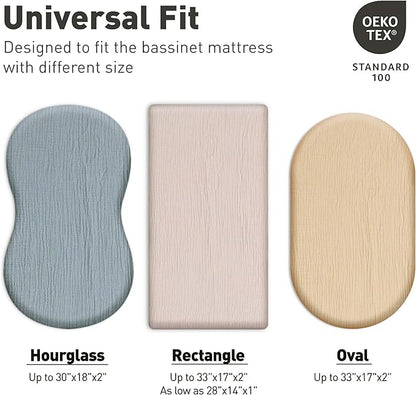 Muslin Bassinet Fitted Sheets, 2 Pack for Baby Boy and Girl, Soft Breathable Stretchy Baby Pad/Mattress Sheet Set, Universal Fit for Hourglass Oval and Rectangle Bassinet Mattress (Bright Colors)