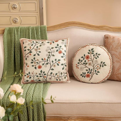 ISAENNE Design Linen Classic Throw Pillow Covers 18"x18", French Farmhouse Square Cushion Covers with Orange White Floral Pattern Decoration Pillowcases for Bed,Living Room,Outdoor,Car