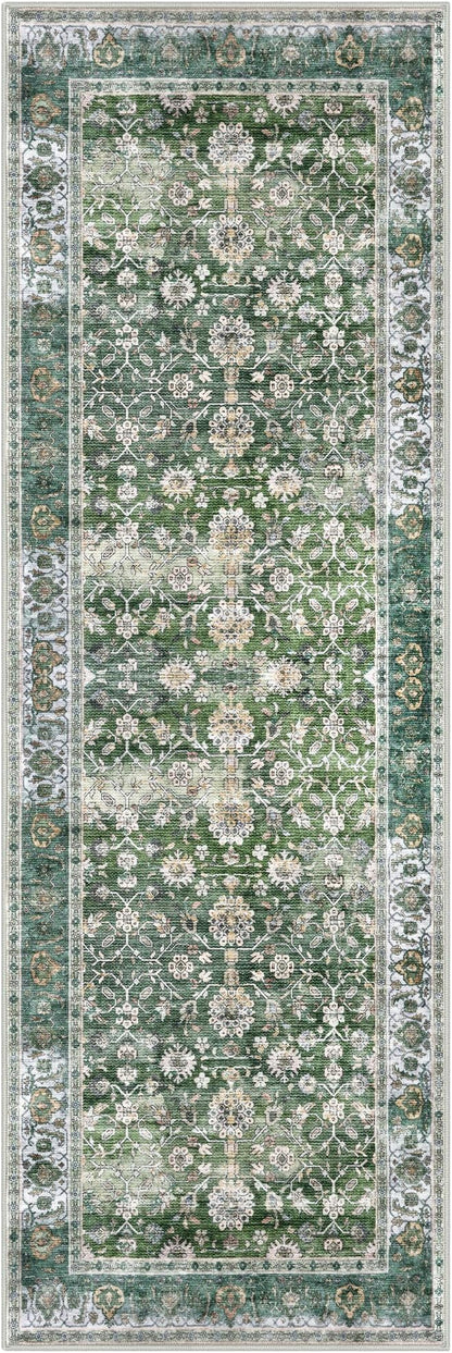 KUTA Runners for Hallways 2x6, Vintage Floral Rug Non-Slip Washable Kitchen Rugs Green Ultra Thin Soft Printed Retro Distressed Flower Carpet Entryway Rugs for Bedroom Laundry Nursery
