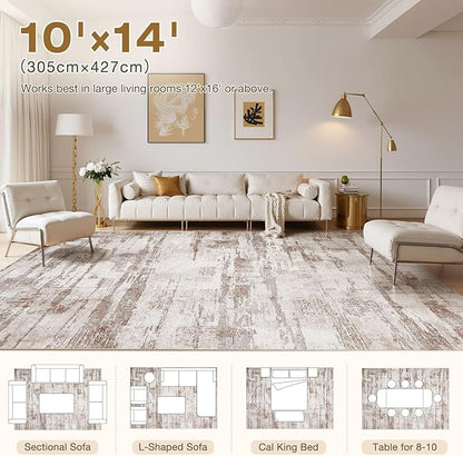 Abstract Living Room Rug 10x14 - Modern Washable Soft Thin Area Rug for Living Room Bedroom Under Dining Table - Neutral Indoor Floor Rug Carpets for Home Office Playroom Nursery - Light Brown