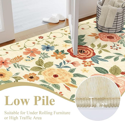 DUKINO 6x9 Area Rug, Floral Rugs for Living Room, Lightweight Non Slip Washable Rug, Indoor Low Pile & Non-Shedding Boho Design Rugs for Bedroom, Living Room, Dining Room, Beige Yellow
