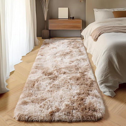 ONASAR Runner Rugs for Bedroom Living Room, Tie-Dyed Beige 2x6 Washable Bedside Hallway Fluffy Area Rug, Ultra Soft Plush Furry Faux Fur Non Slip Floor Carpet for Nursery Kids Dorm Closet Home Decor