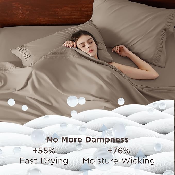 Bedsure Deep Pocket Queen Sheets Set - Fits Mattresses Up to 21 Inches Thick - 4 Piece GentleSoft Bed Sheets, Moisture Wicking, Soft & Cooling Bedsheet & Pillowcases, Easy & Secure Fit, Brown