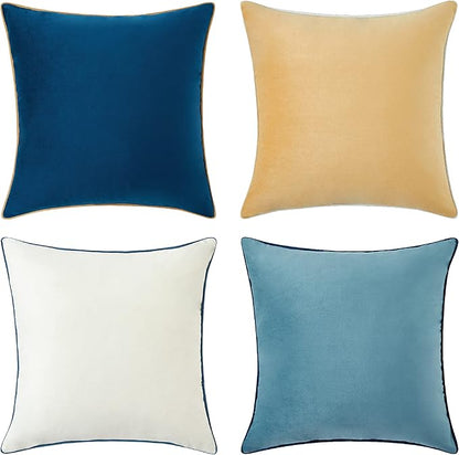 MONDAY MOOSE Decorative Throw Pillow Covers Cushion Cases, Set of 4 Soft Velvet Modern Double-Sided Designs, Mix and Match for Home Decor, Pillow Inserts Not Included (20x20 inch, Blue/Beige)
