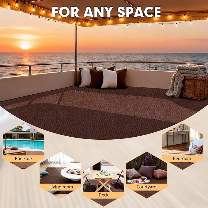 Marine Carpet, 6 FT x 14 FT Brown Indoor/Outdoor Area Rug, 0.2" Thick, Water-Resistant, Non-Slip, Machine Made, Solid, Marine Animals Theme