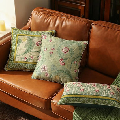 patdrea Designer Pack of 2 Rectangle Throw Pillow Covers,French Vintage Rustic Linen with Green Floral Pattern Pillows Cover,Decorative Lumbar Pillowcases Cushion for Bed Living Room,12"x20"
