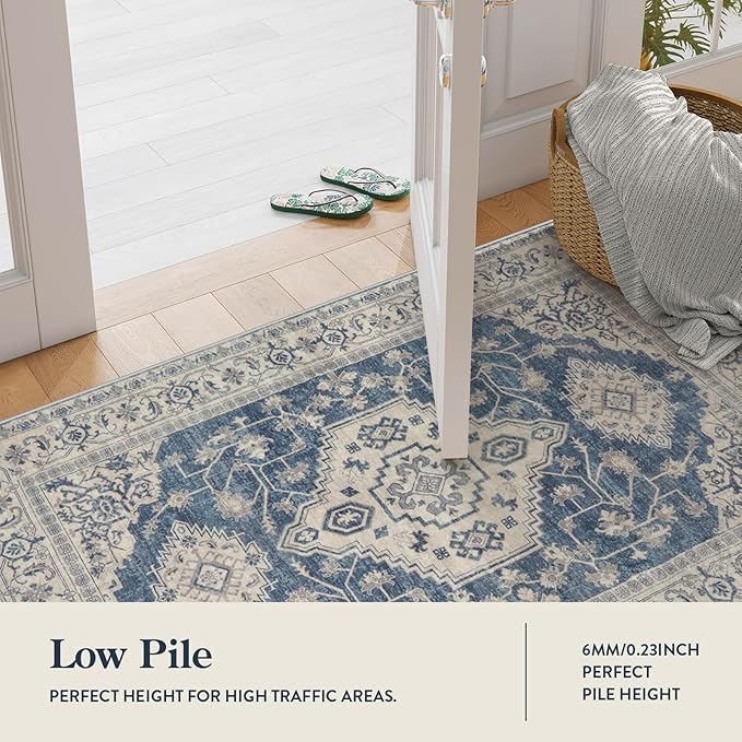 Lahome Oriental Small Area Rug, 2x4 Washable Entryway Rug Non-Slip Ultra-Thin Indoor Door Mat Distressed Throw Carpet for Kitchen Bedroom, Blue