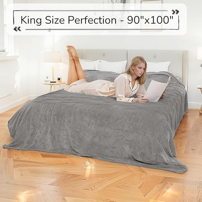Electric Heated Blanket King Size 90"x100" - Dual-Sided with Microplush & Sherpa Fabric, 4 Heat Settings & 10 Hours Auto Off, Machine Washable - Light Gray