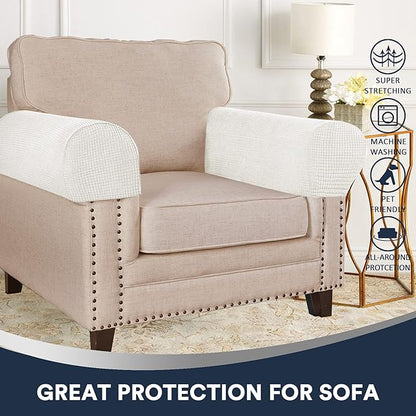 Stretch Sofa Armrest Covers - Spandex Jacquard Anti-Slip Protector for Chairs, Sofas, Couch, Recliner - Set of 2, Off White