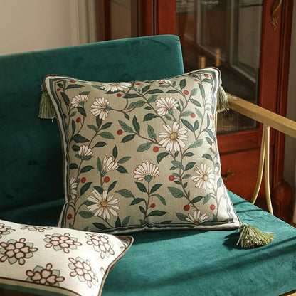 ISAENNE Design Square Green Floral Linen Throw Pillow Covers 18"x18" Pack of 2, White Simple Elegant Daisy Pattern Cushion Covers Decor Pillowcases for Bed,Living Room,Outdoor,Car