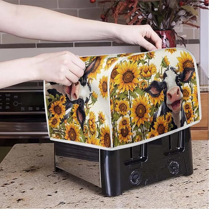 Sunflower Cow Printed Toaster Cover - 2 Slice Bread Maker Protector, Anti Fingerprint Oven Dust Cover for Small Kitchen Appliances