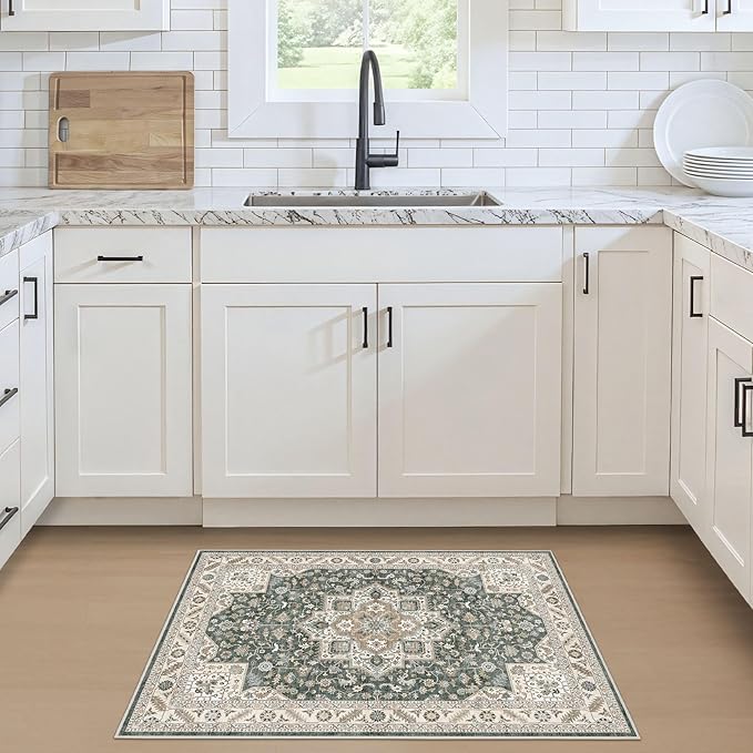 Vintage Entryway Area Rug 2x3 - Large Soft Washable Oriental Traditional Distressed Farmhouse Rugs for Bedroom - Indoor Floor Accent Carpet for Home Office House Decor - Vintage Green