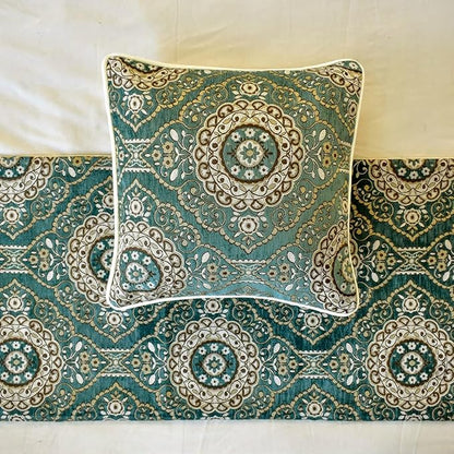 The HomeCentric King/Queen/Twin Teal Decorative King 90"x18" Bed Runner with 2 Pillow Cover, Art Deco, Floral, Tassels & Velvet Bed Scarf on Velvet Fabric - Ahmet