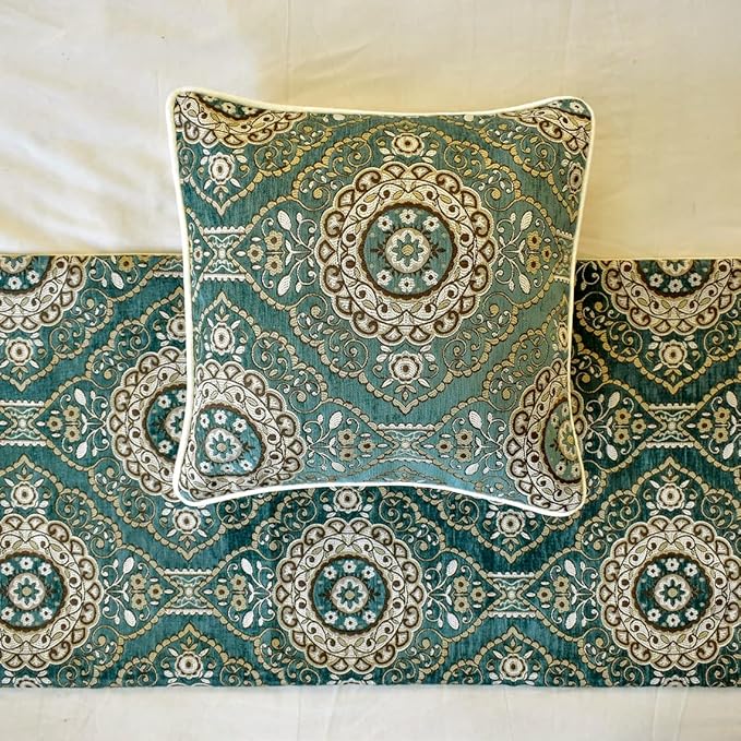 The HomeCentric King/Queen/Twin Teal Decorative Queen 74"x18" Bed Runner Without Pillow Cover, Art Deco, Floral, Tassels & Velvet Bed Scarf on Velvet Fabric - Ahmet
