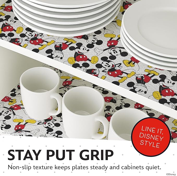 Disney Non Adhesive Shelf Liner – 18”x 10 ft Water-Resistant Drawer Liners for Kitchen Cabinets, Pantry, Fridge & Dressers – Easy Cut Cabinet Liner Roll- Mickey Mouse, Stitch & Winnie The Pooh