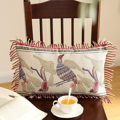 patdrea Designer Throw Pillow Covers 12"x20",Vintage Red Flying Bird Pattern Linen Pillowcases with Tassel Edges Pillows Cover for Couch,Decorative Lumbar Cushion for Bed Outdoor Car,Set of 2