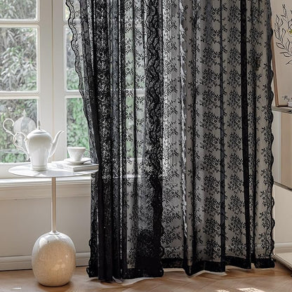 Anmao Vintage Lace Curtains 63 Inches Long 2 Panels Set, Romantic Elegant Light Filtering Semi Sheer Floral Thick Lacy Curtain Drapes for Living Room and Bedroom, Each Panel 55W x 63L, Black