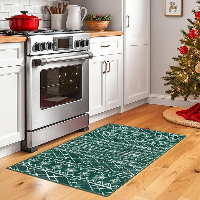 KUTA Christmas Rugs for Entryway, Green 2x3 Entrance Small Area Rug Non-Slip Washable, Ultra Soft Vintage Geometric Low-Pile Indoor Door Mat Floor Carpet for Kitchen