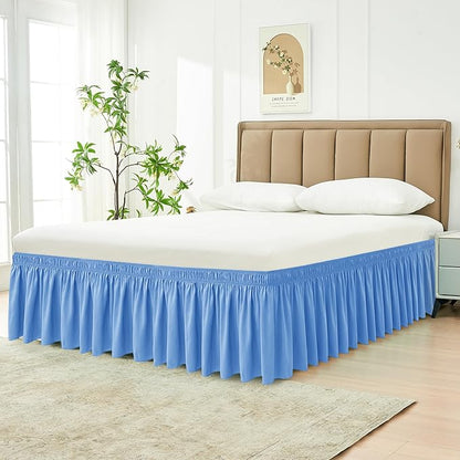 Biscaynebay Wrap Around Bed Skirts for Full & Full XL Beds 15" Drop, Denim Blue Elastic Dust Ruffles with Adjustable Belts Silky Luxrious Fabric Machine Washable