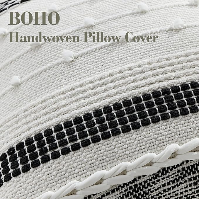 Boho Pillow Cover 18x18 Black - Handmade Woven Textured Throw Pillow Case with Cordings & Tassels, Decorative Accent for Couch Sofa Farmhouse Living Room Home Decor