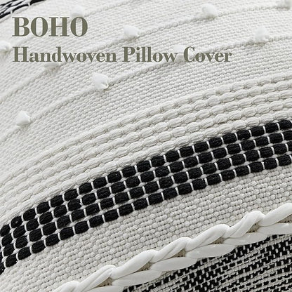 Boho Pillow Cover 18x18 Black - Handmade Woven Textured Throw Pillow Case with Cordings & Tassels, Decorative Accent for Couch Sofa Farmhouse Living Room Home Decor