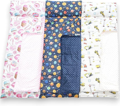 Toddler Nap Mat with Pillow and Blanket, Preschool, Nursery Sleeping Mat, Portable Bed for Kids, Ultra Soft Cotton, Fleece, Minky, Machine Washable, Travel Friendly, Kids Sleeping Bags, Navy Blue.