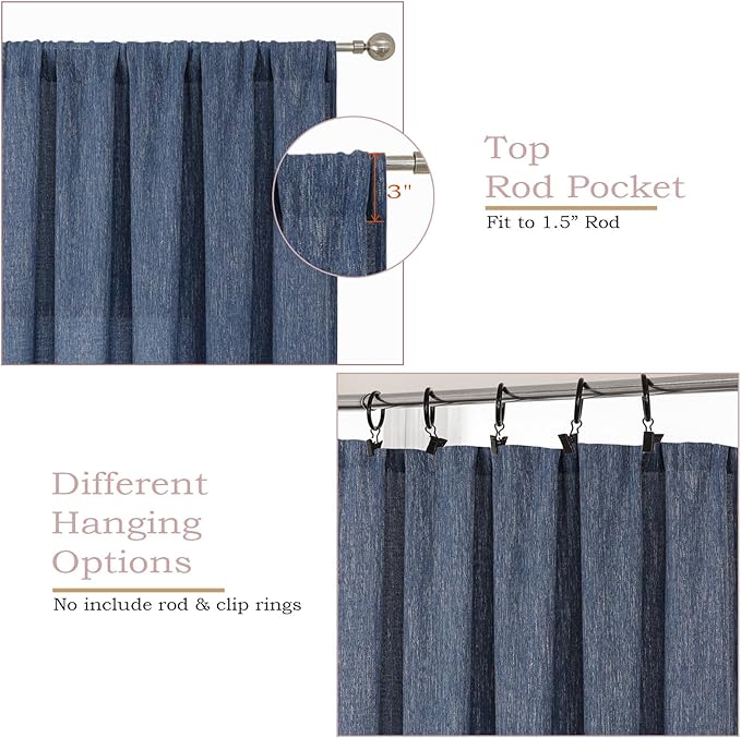 Simplebrand Navy Blue Semi Sheer Faux Linen Textured Curtains 54 Inch Length 2 Panels Set, Rod Pocket Farmhouse Short Curtain Drapes for Dinning Small Windows Bathroom Bedroom, Each 40Wx54L in