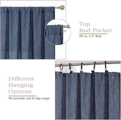 Simplebrand Navy Blue Faux Linen Textured Semi Sheer Curtains 108 Inches Long 2 Panels for Living Room, Privacy Extra Long Light Filtering Farmhouse Thick Window Drapes for Large Window, 50 x 108 Inch