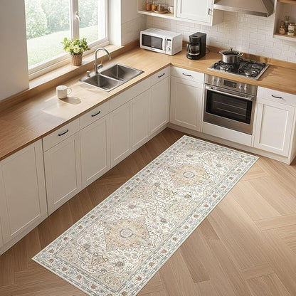 Runner Rug Kitchen Washable Rugs: 2x6 Non-Slip Boho Soft Vintage Stain Resistant Indoor Floor Neutral Farmhouse Throw Carpet for Hallway Bathroom Laundry Room Entryway Bedroom- Cream