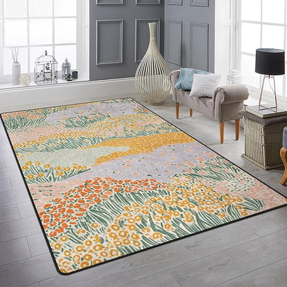 9CH Abstract Garden Floral Area Rug for Kids Bedroom 7' X 5' Natural Rainbow Flower Rugs Non-Slip Cute Soft Boho Carpet for Nursery Living Room Dorm Home Decor