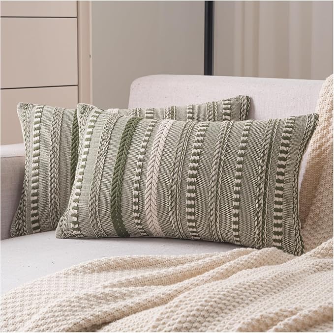 Boho Throw Pillow Covers 12x20 Inch Set of 2, Farmhouse Decorative Couch Pillow Cases, Green Accent Pillows of Bed, Sofa Bedroom Living Room Home Decor Cushion Cover